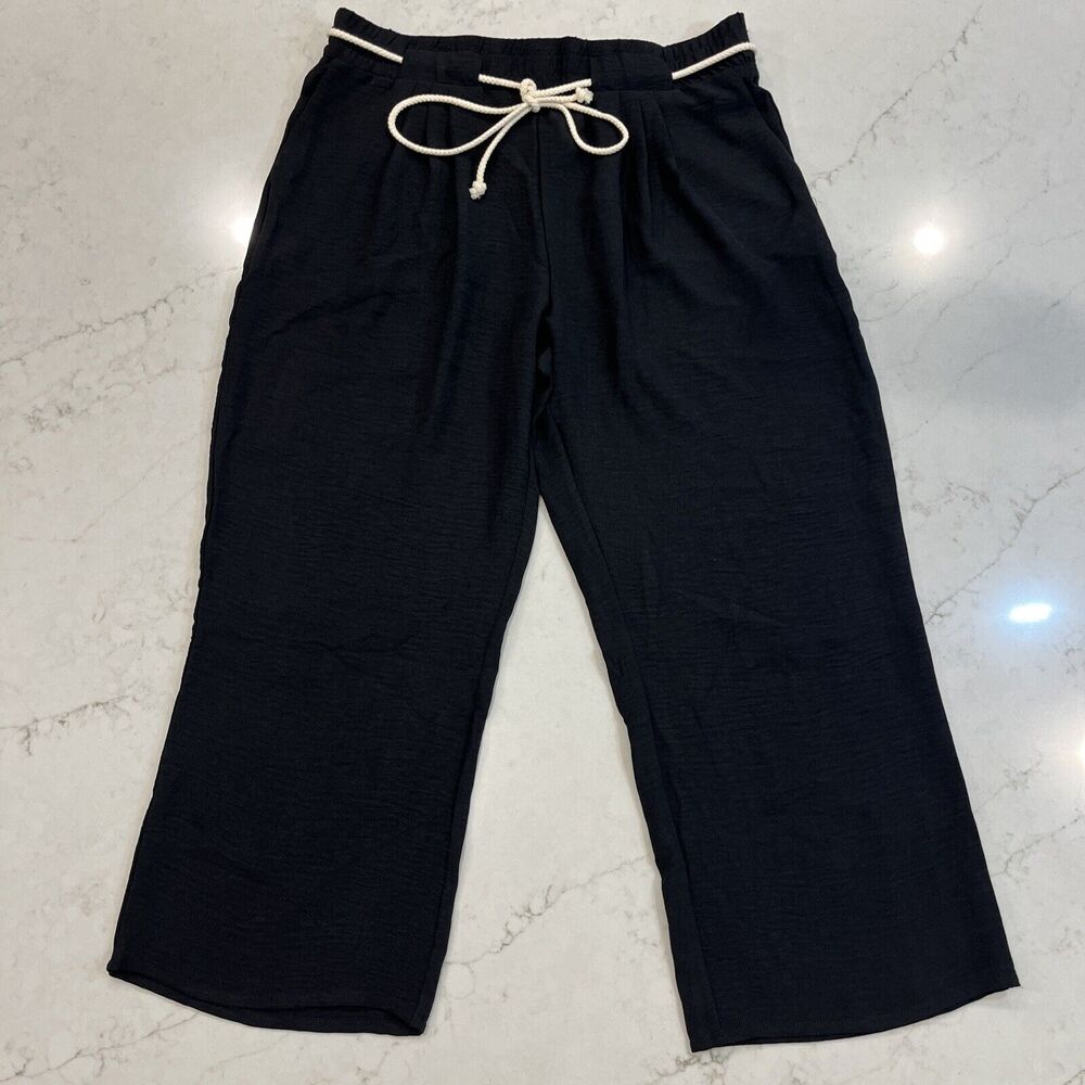 Retrology Sz L Cropped High Rise Wide Leg Pants Black Flowy Comfortable Pockets